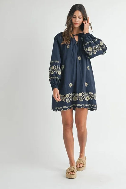 Embroidered Long Sleeve Peasant Mini Dress - Eva's Edition