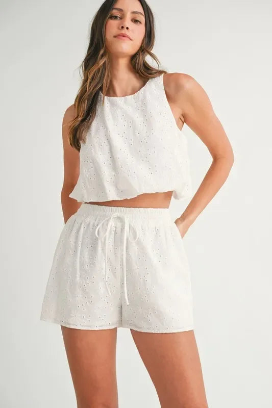 Eyelet Bubble Hem Sleeveless Top and Shorts Set - Eva's Edition