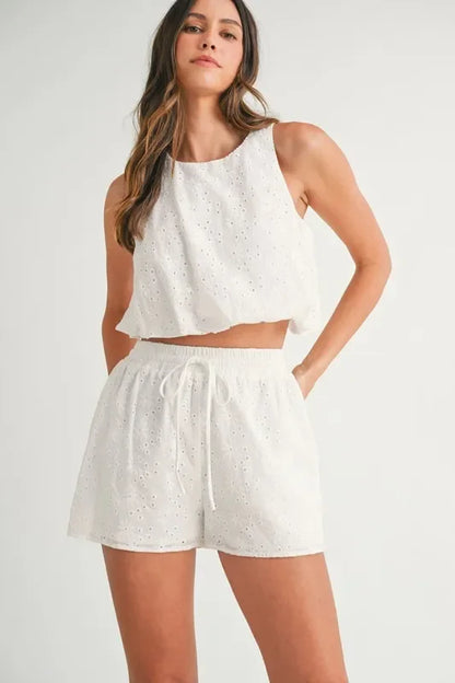 Eyelet Bubble Hem Sleeveless Top and Shorts Set - Eva's Edition