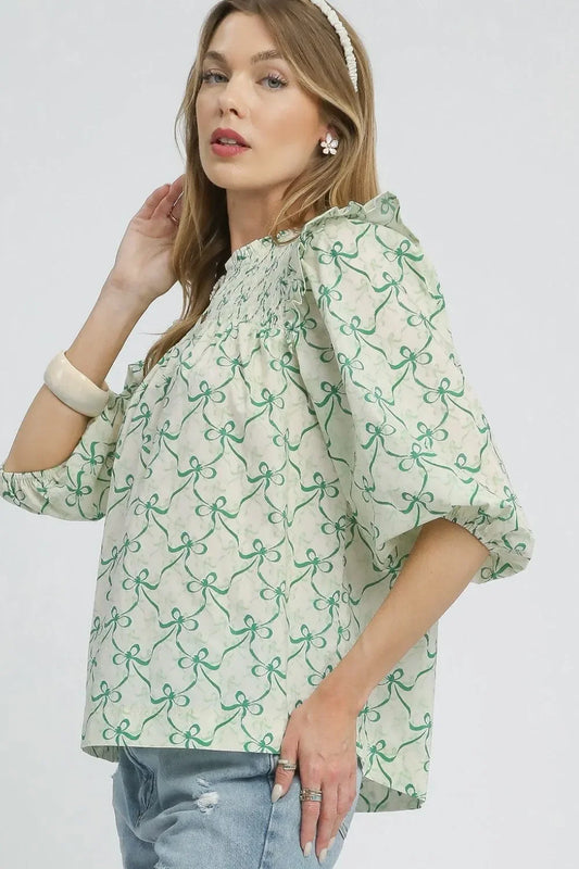Ruffled Bow Print Notched Blouse - Eva's Edition