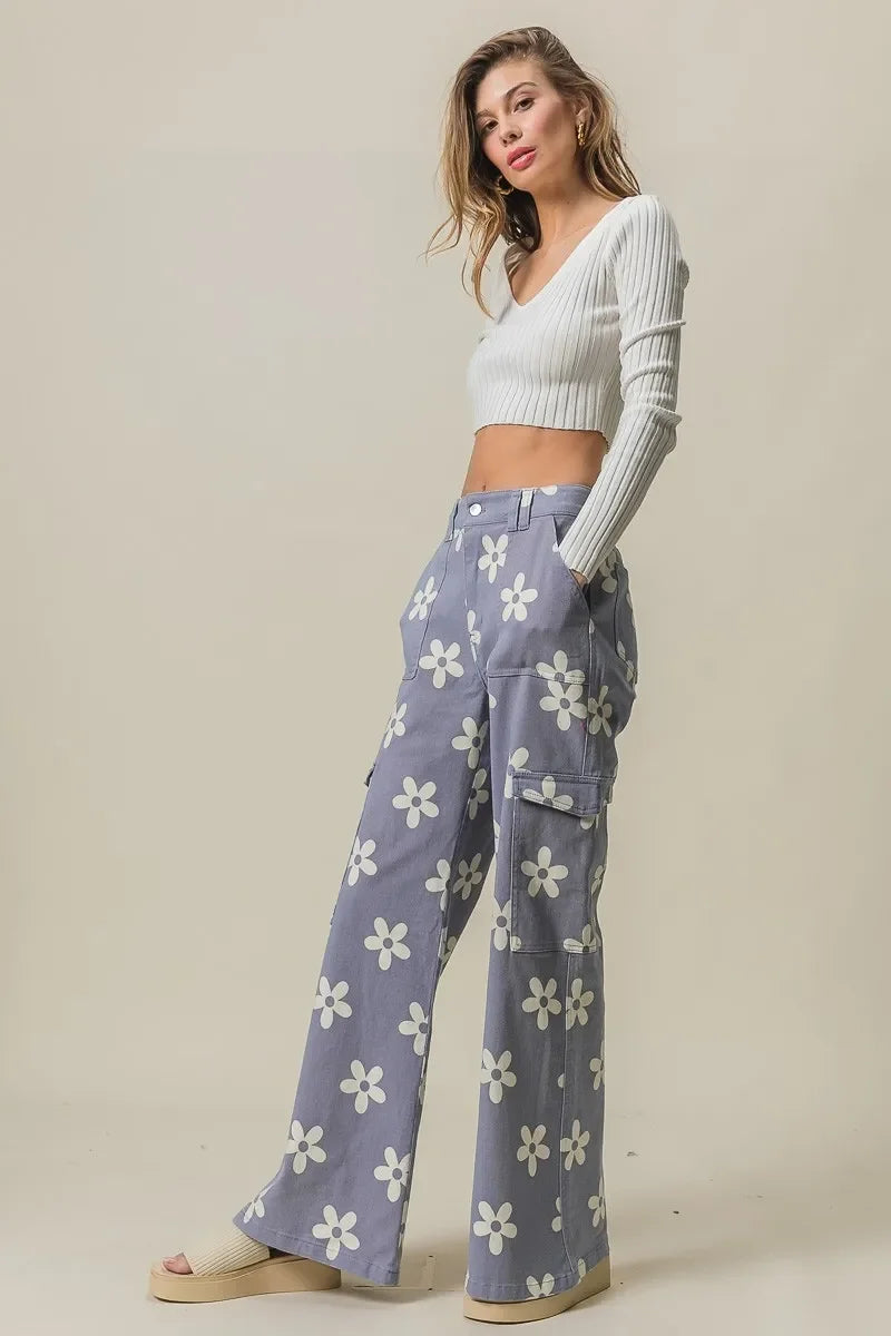 Flower Printed Side Pocket Wide Pants - Eva's Edition