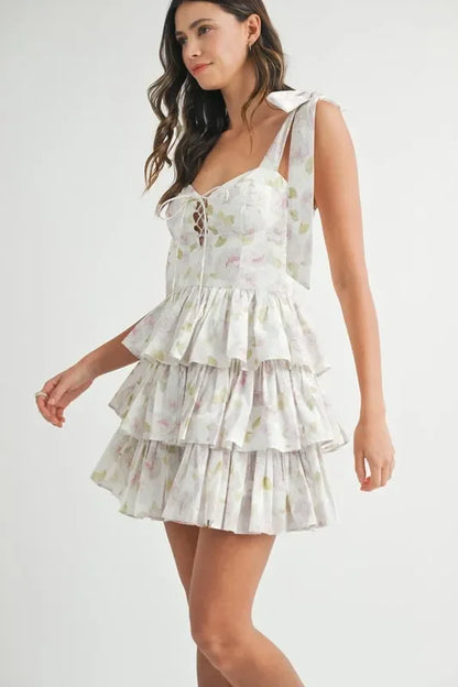 Floral Print Shoulder Tie Layered Mini Dress - Eva's Edition