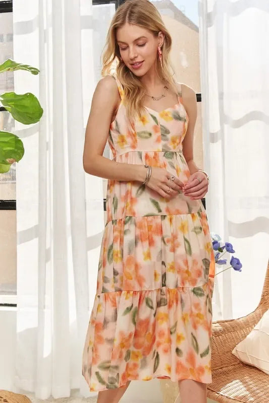 Smocked Back Floral Adjustable Strap Midi Dress - Eva's Edition