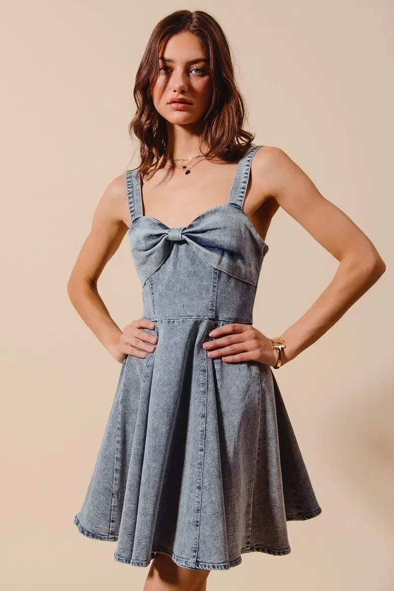 Mineral Washed Bow Ribbon Denim Flare Dress - Eva's Edition