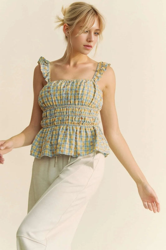 Plaid Ruffled Strap Smocked Sleeveless Top - Eva's Edition
