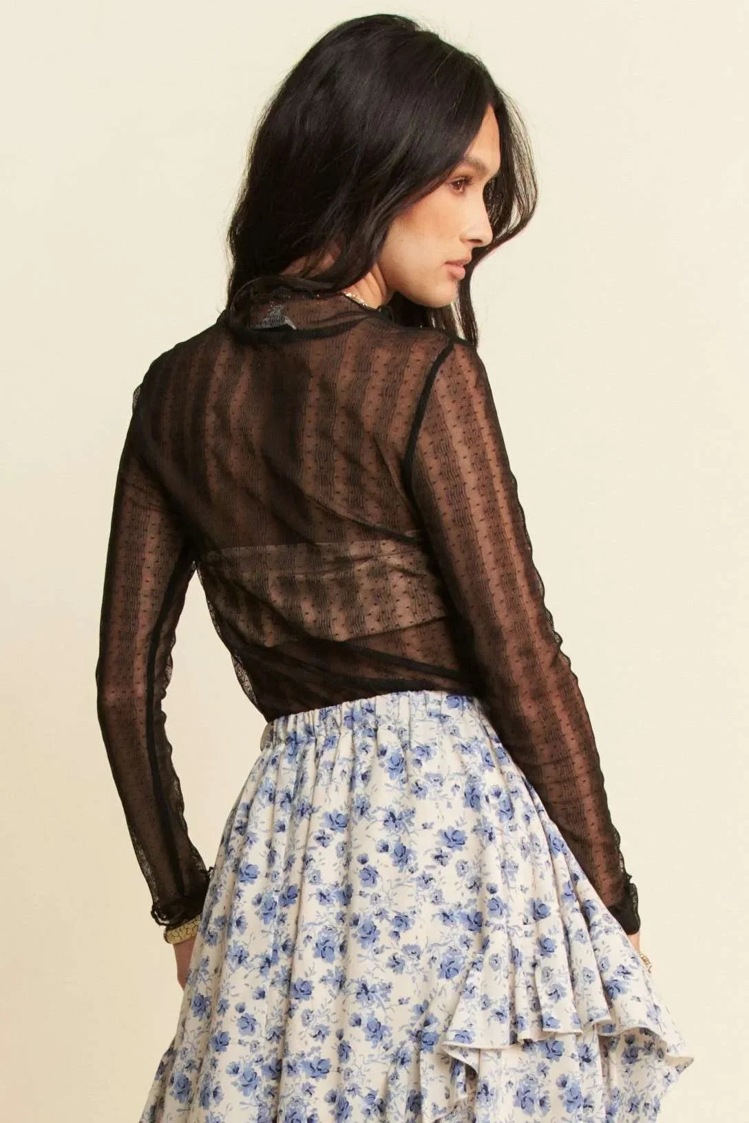 Turtle Neck Lace Dotted Stretch Mesh Sheer Top - Eva's Edition