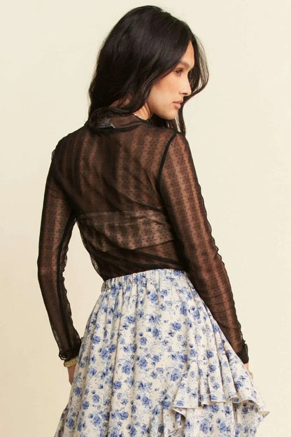 Turtle Neck Lace Dotted Stretch Mesh Sheer Top - Eva's Edition