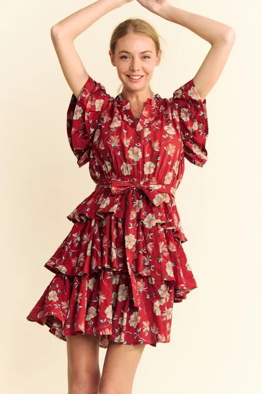 Ruffle Flutter Sleeve Tie Belt Tiered Mini Dress - Eva's Edition