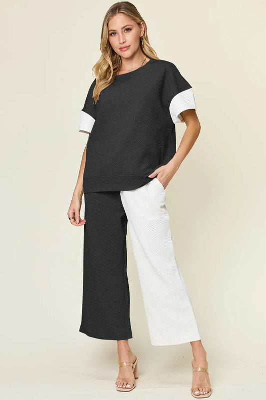 Textured Contrast T-Shirt and Wide Leg Pants Set - Eva's Edition