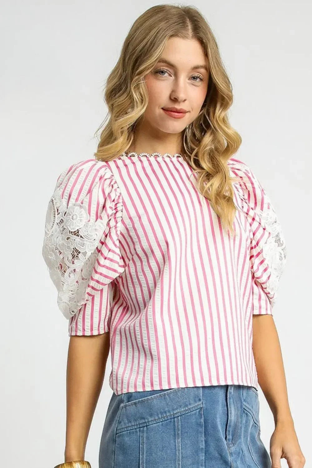Striped Lace Puff Sleeve Blouse - Eva's Edition