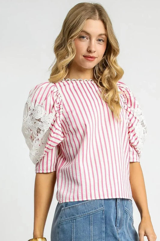 Striped Lace Puff Sleeve Blouse - Eva's Edition