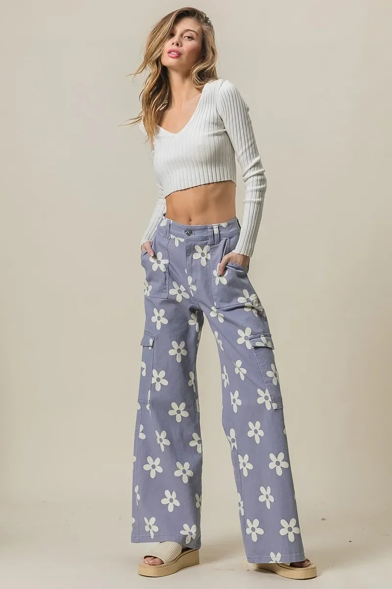 Flower Printed Side Pocket Wide Pants - Eva's Edition