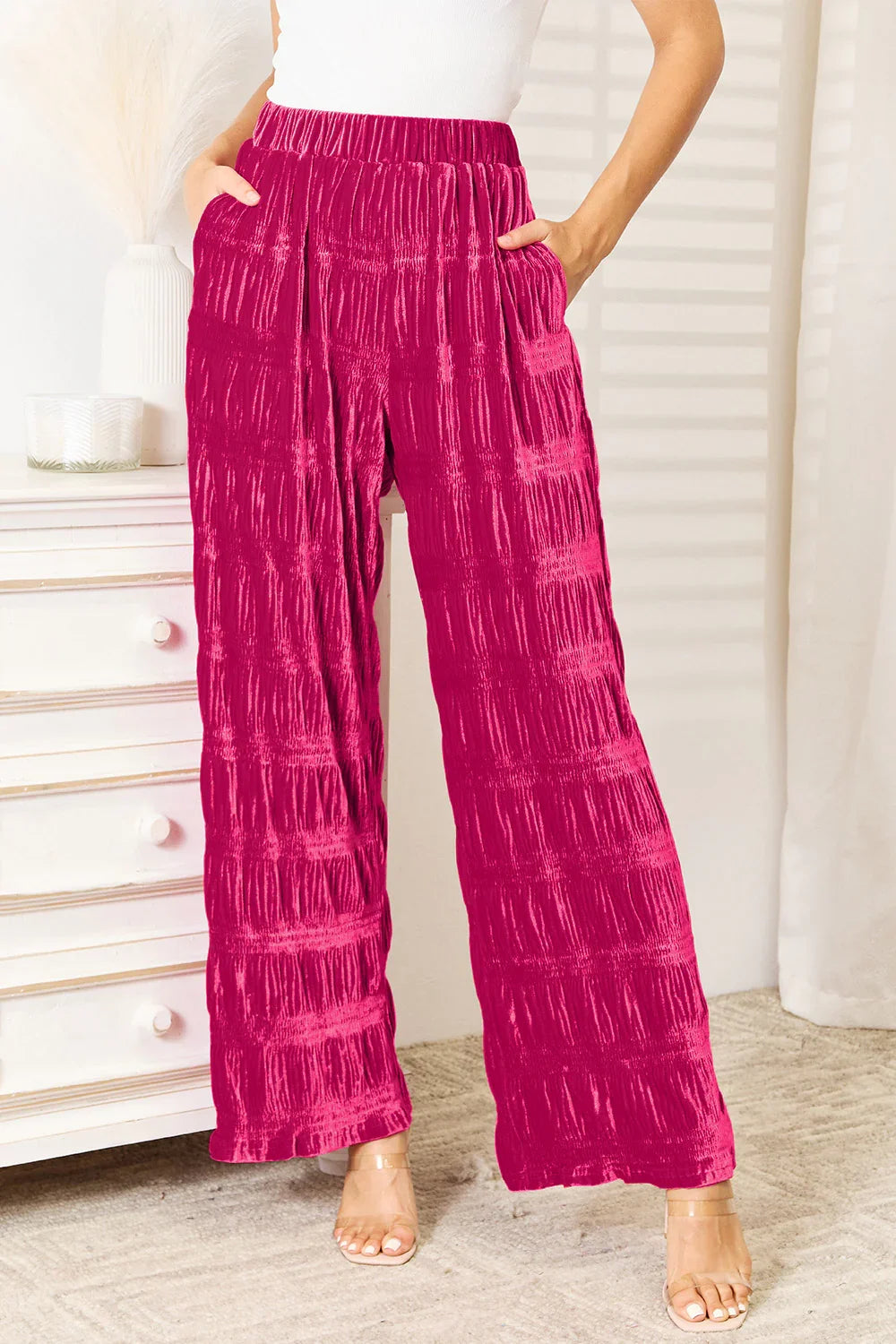 High Waist Tiered Shirring Velvet Wide Leg Pants - Eva's Edition