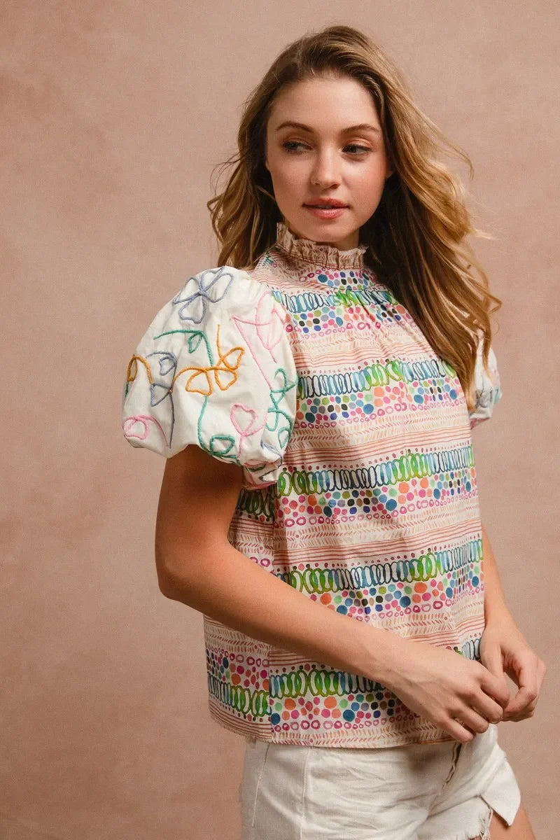 Ruffle Neckline Blouse with Embroidery Bubble Sleeve - Eva's Edition