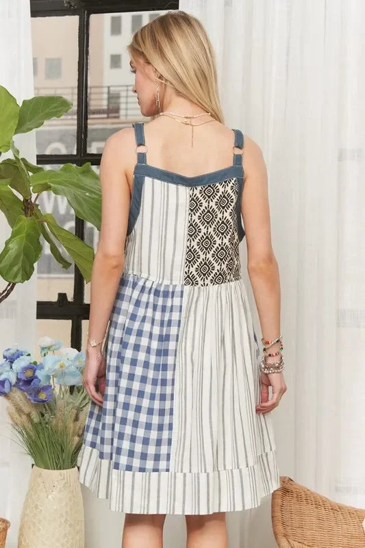 Patchwork Button Front Mini Dress - Eva's Edition