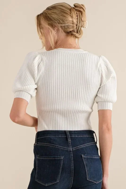 Puffed White Half Sleeve Rib Bodysuit - Eva's Edition