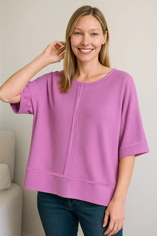 Ribbed Boat Neck 3/4 Sleeve Top - Eva's Edition
