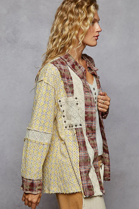Studded Contrast Plaid Long Sleeve Shirt - Eva's Edition
