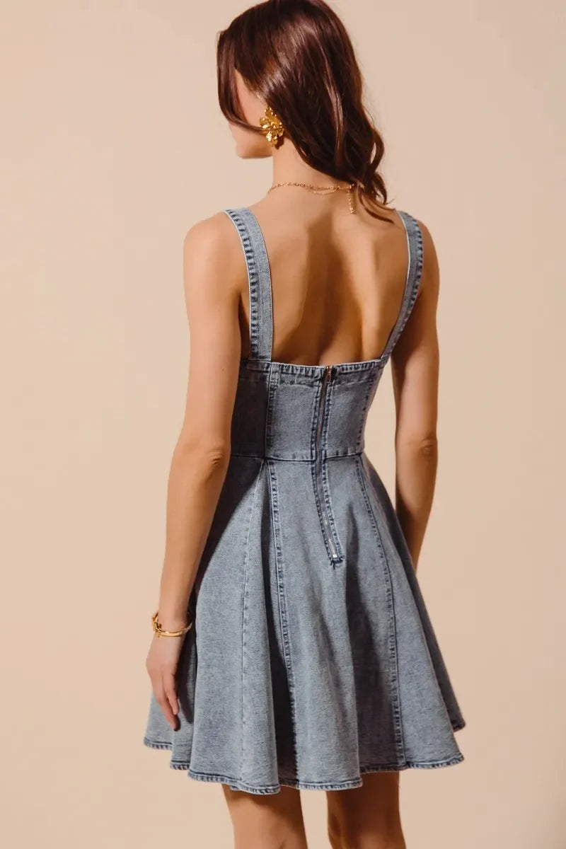 Mineral Washed Bow Ribbon Denim Flare Dress - Eva's Edition