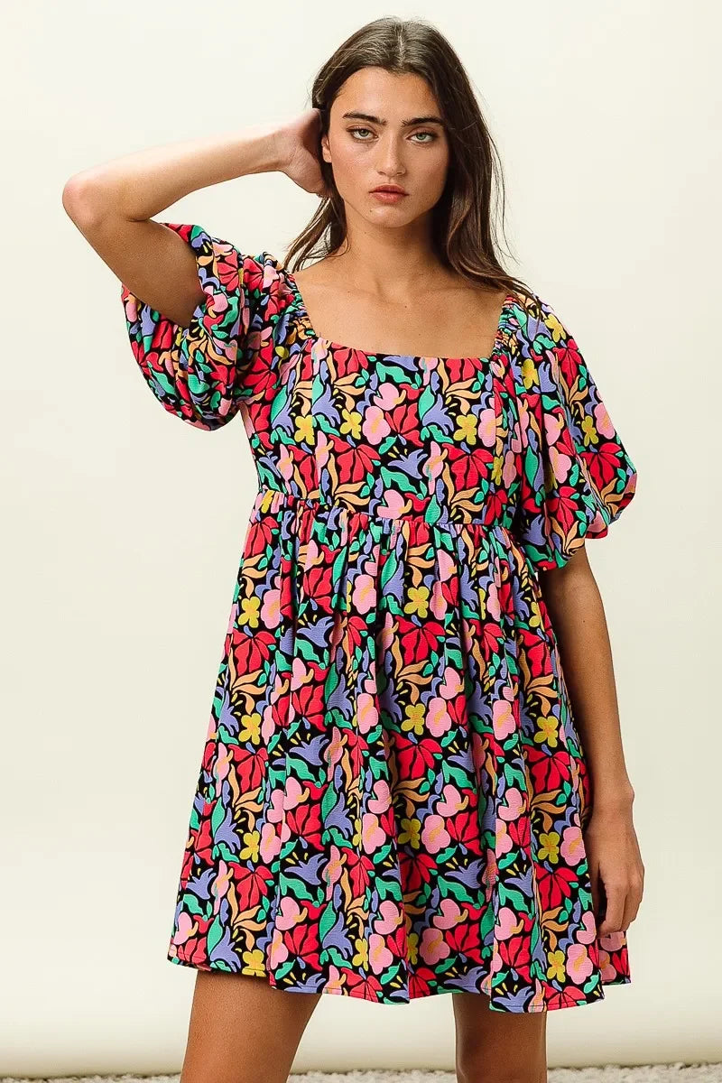 Floral Print Puff Square Neck Dress - Eva's Edition