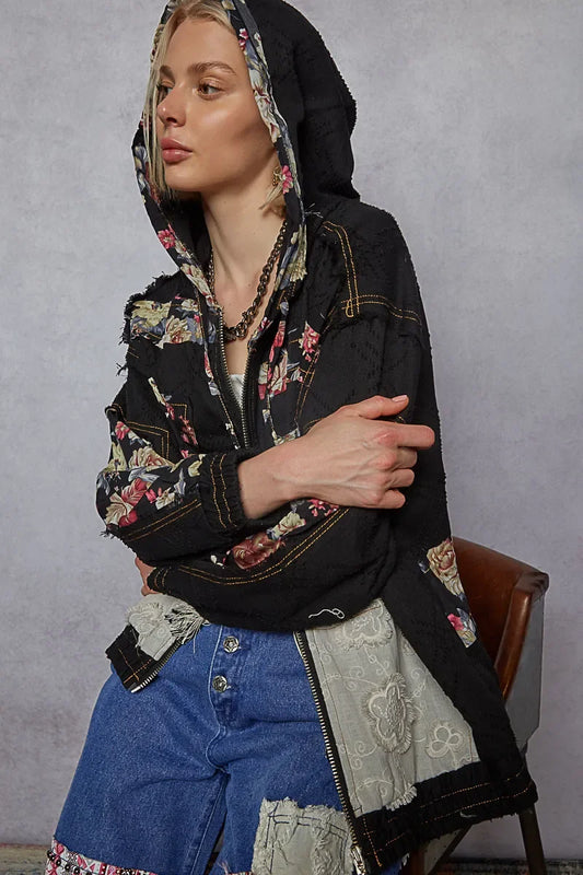 Floral and Lace Patch Washed Jacket - Eva's Edition