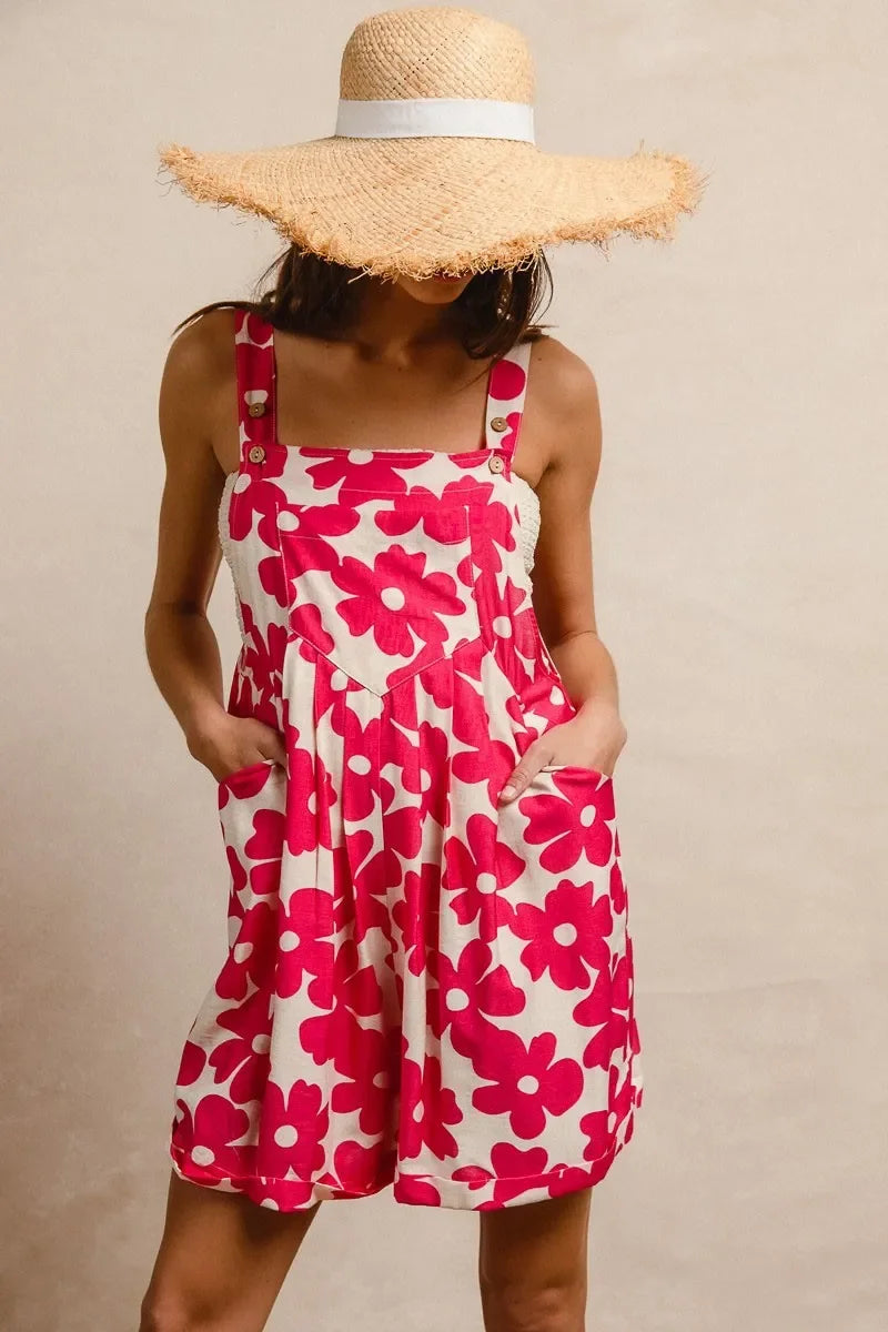 Floral Prints Tuck Detail Short Overall With Pockets - Eva's Edition