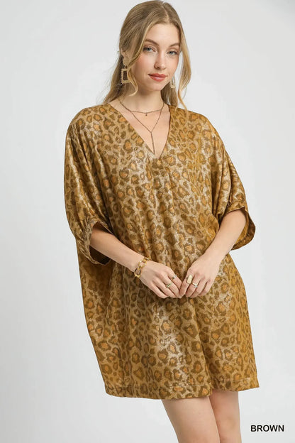 Metallic Leopard Print V-Neck Kimono Dress - Eva's Edition