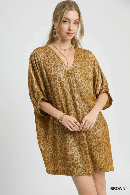 Metallic Leopard Print V-Neck Kimono Dress - Eva's Edition