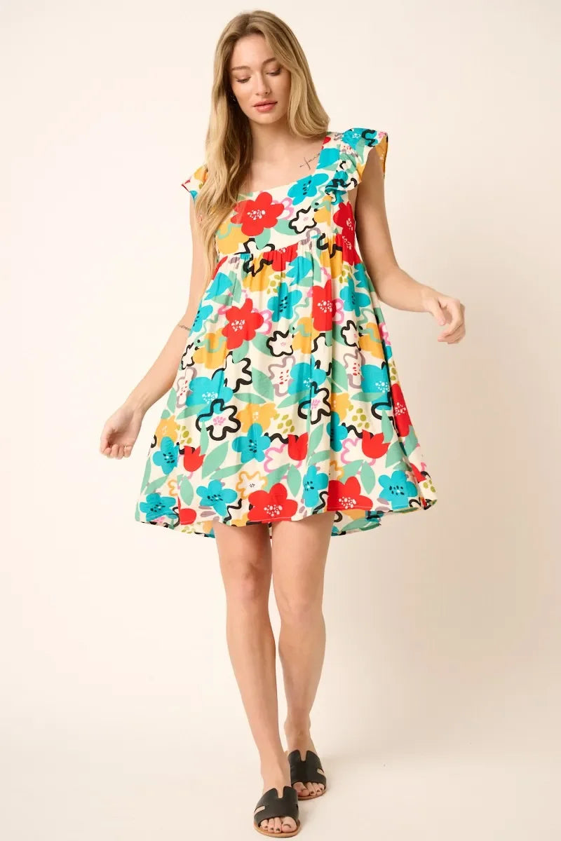 Multi Color Flower Print Babydoll Dress - Eva's Edition