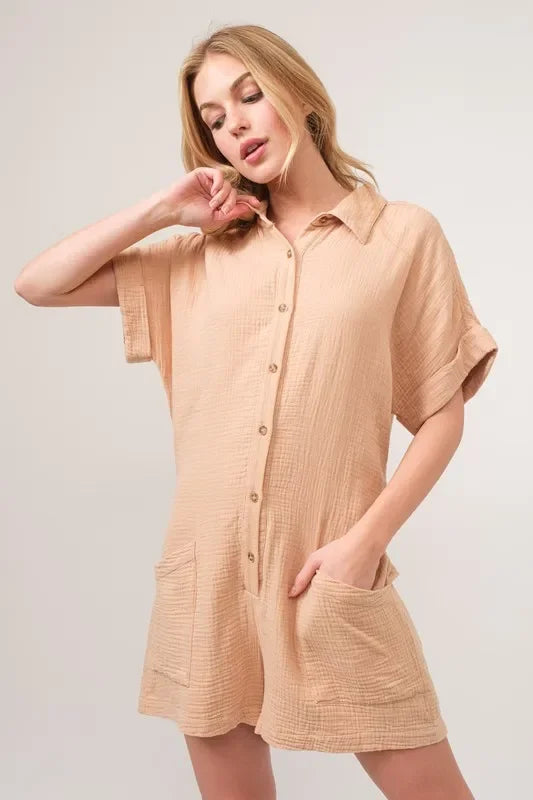 Gauze Roll-up Sleeve Comfort Utility Romper - Eva's Edition