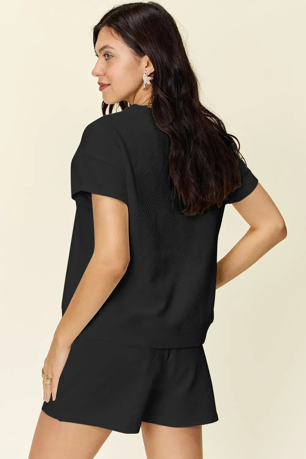Textured Short Sleeve T-Shirt and Drawstring Shorts Set - Eva's Edition