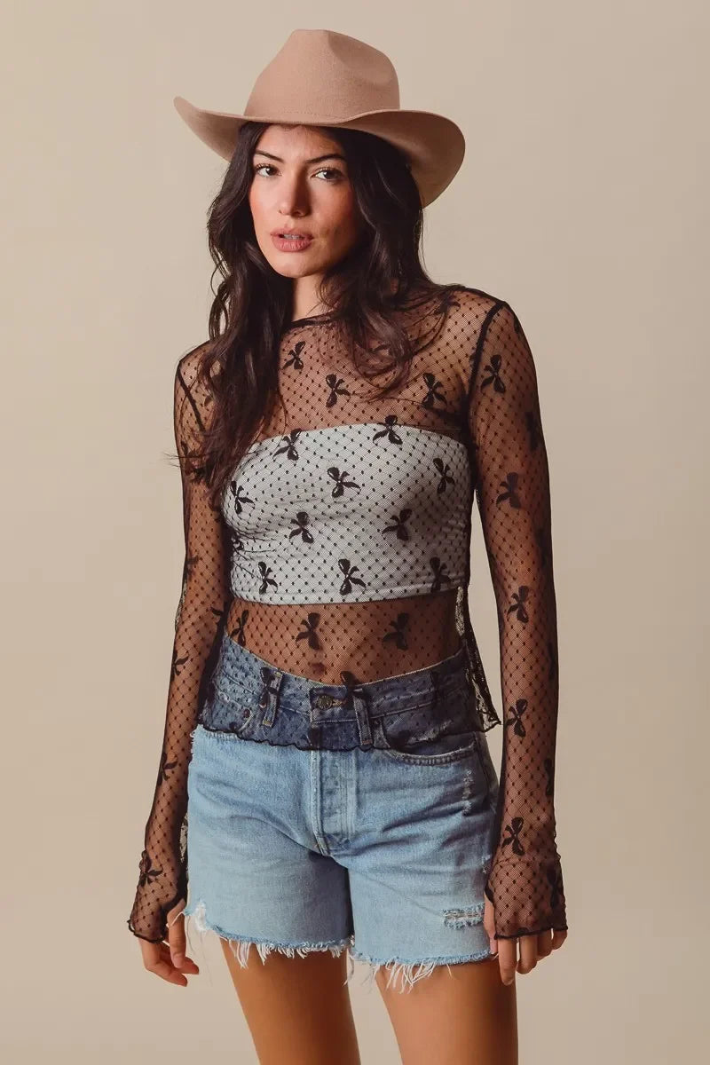 Bow Ribbon Pattern Sheer Lace Top - Eva's Edition