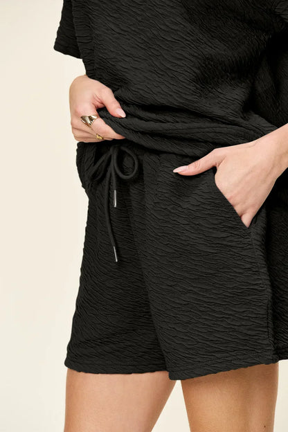 Textured Short Sleeve T-Shirt and Drawstring Shorts Set - Eva's Edition