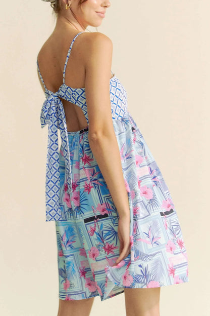 Tropical Floral Geo Print Tie Back Tube Top Romper - Eva's Edition