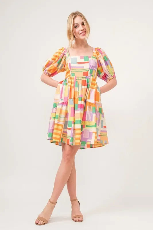 Square Neck Puff Sleeve Geo Printed Mini Dress - Eva's Edition