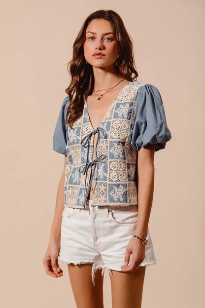 Crochet Lace Tie Front V Neck Blouse Top - Eva's Edition