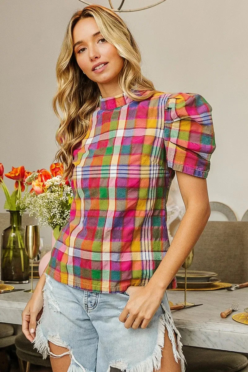 Short Puff Sleeve Washed Vintage Plaid Top - Eva's Edition