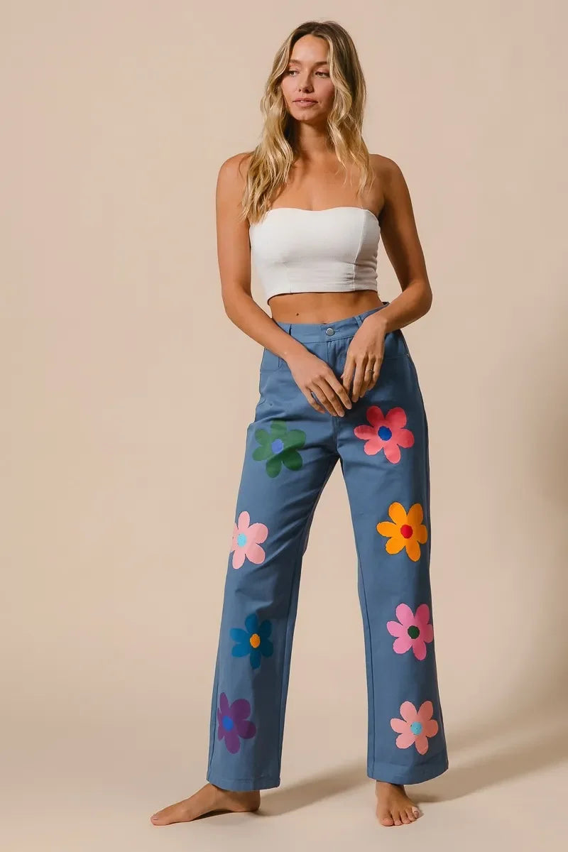 Flower Print Straight Legs Pants - Eva's Edition
