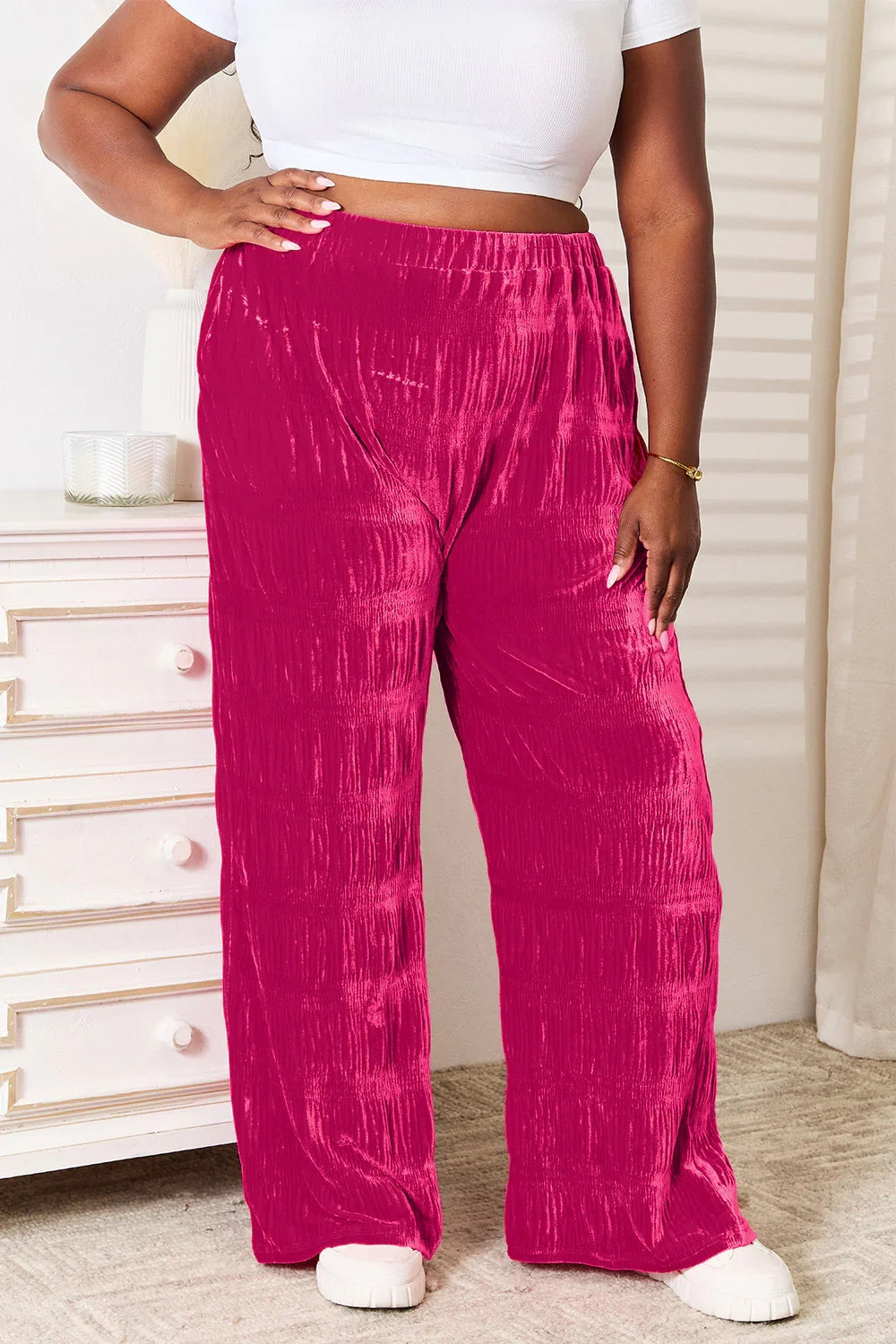 High Waist Tiered Shirring Velvet Wide Leg Pants - Eva's Edition