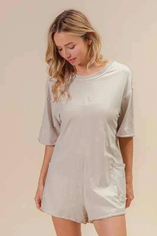 Short Sleeve Back Open Washed Romper - Eva's Edition
