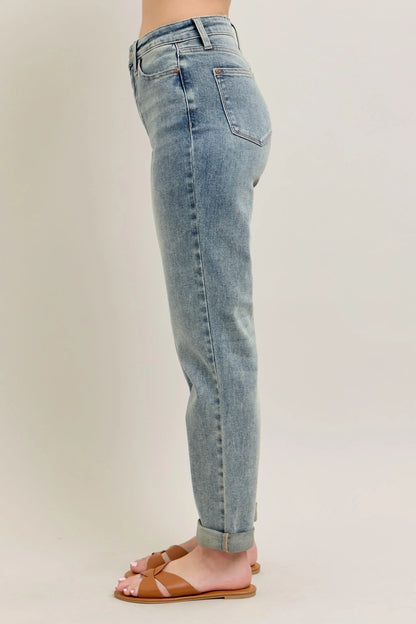 Vintage Wash Double Roll Cuff Bf Jeans Plus Size - Eva's Edition