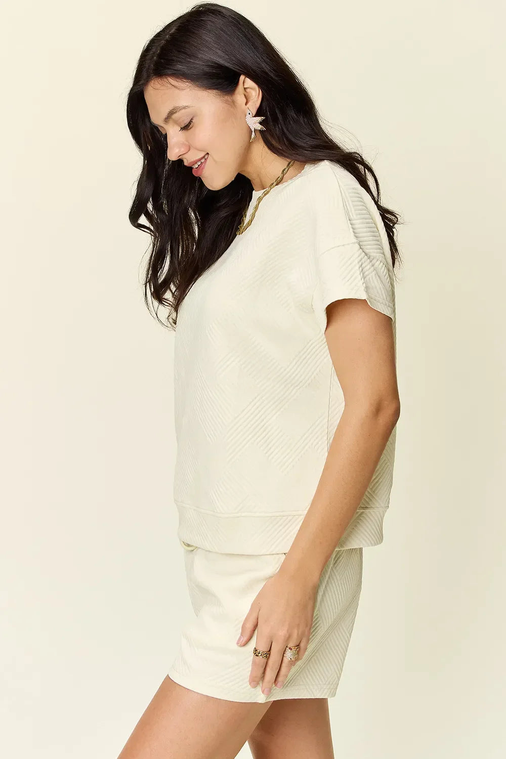 Textured Short Sleeve T-Shirt and Drawstring Shorts Set - Eva's Edition