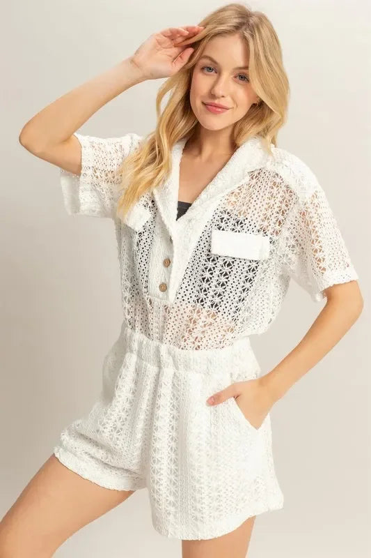Crochet Button Front Short Sleeve Romper - Eva's Edition