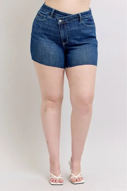 High Waist Criss-Cross Waistband Denim Shorts - Eva's Edition