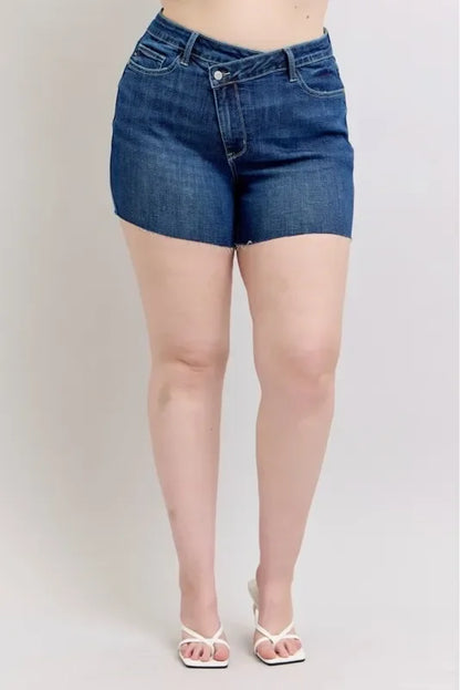 High Waist Criss-Cross Waistband Denim Shorts - Eva's Edition