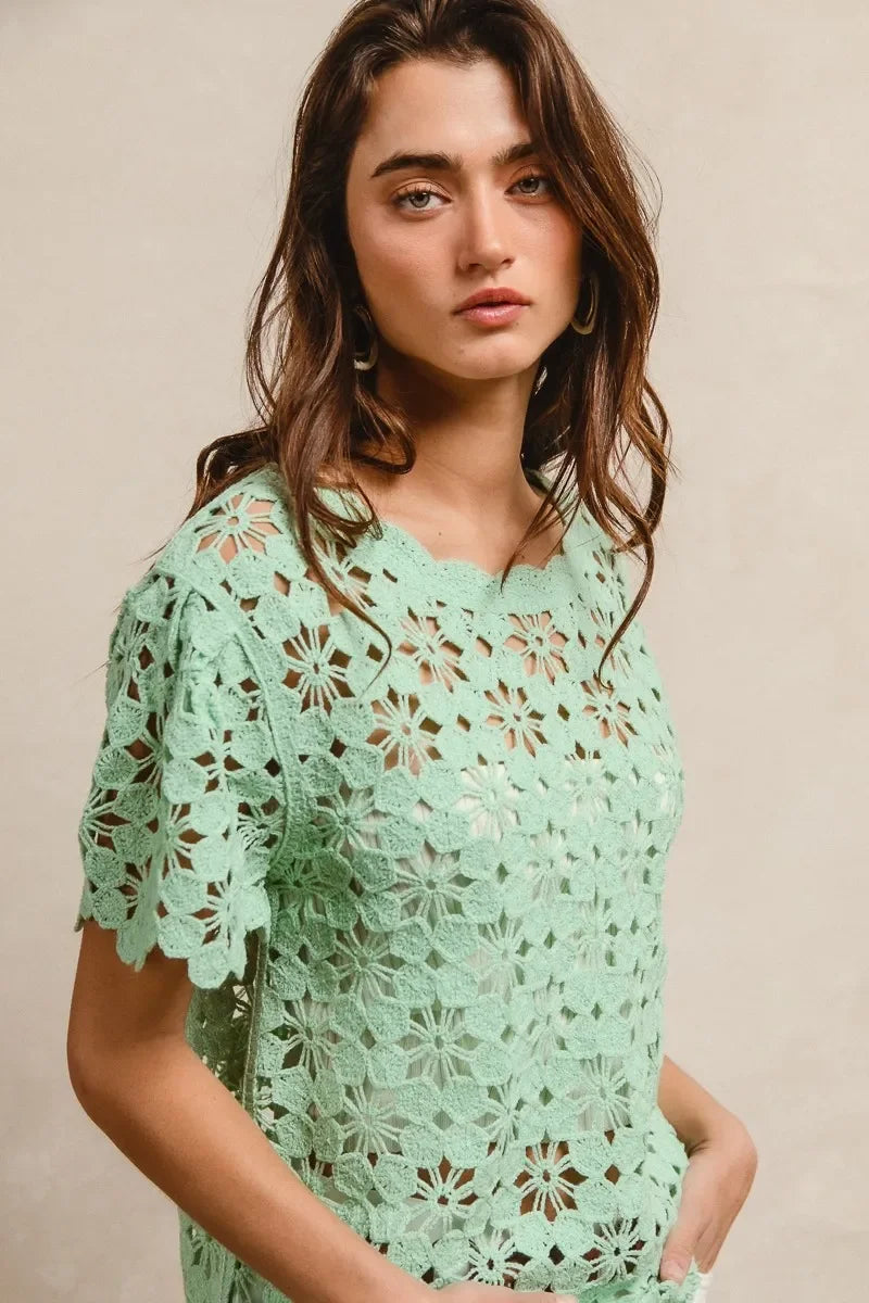 Openwork Crochet Short Sleeve Knit Top - Eva's Edition