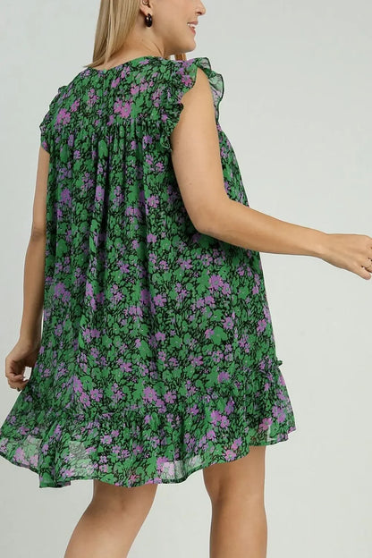 Smocked Detail Floral Metallic Ruffle Cap Sleeve Dress Plus Size - Eva's Edition