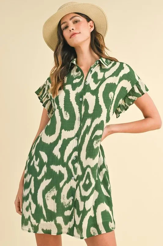 Abstract Printed Frill Sleeve Shirt Mini Dress - Eva's Edition