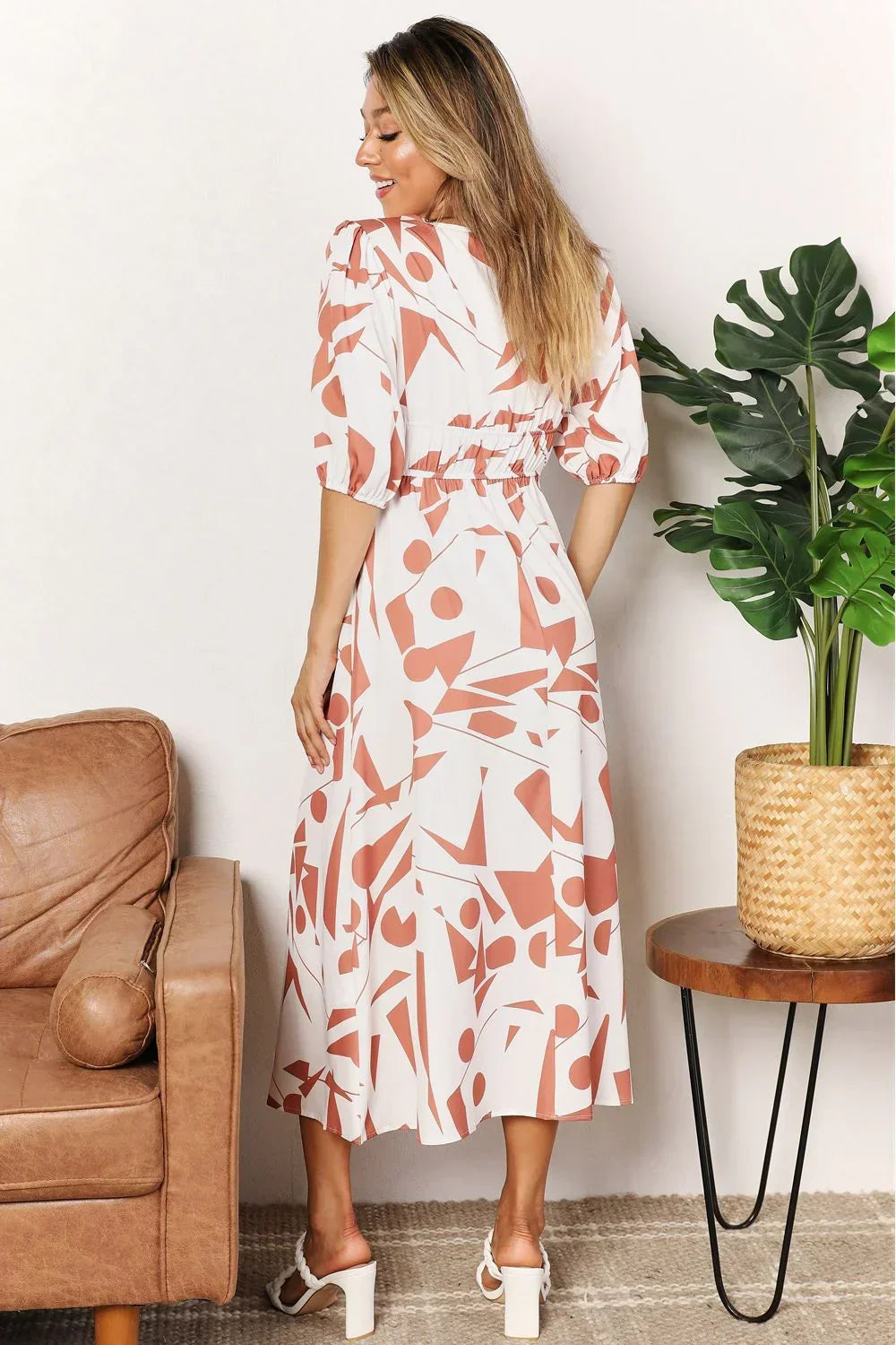Printed Surplice Balloon Sleeve Dress - Eva's Edition