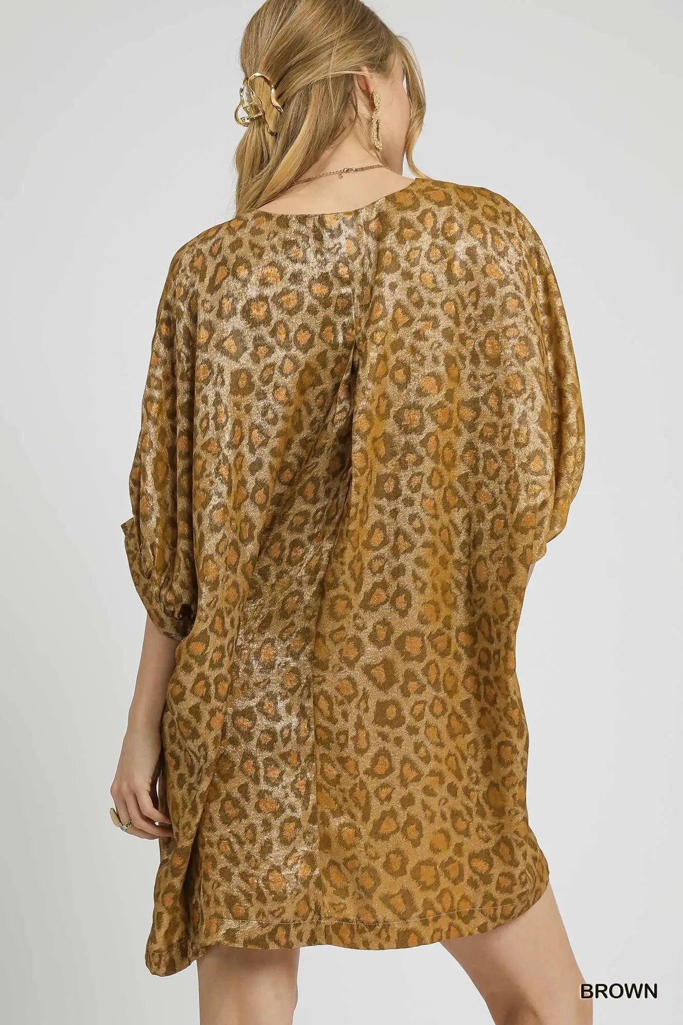 Metallic Leopard Print V-Neck Kimono Dress - Eva's Edition